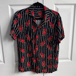 Floral Striped Men's Shirt - Black and Red